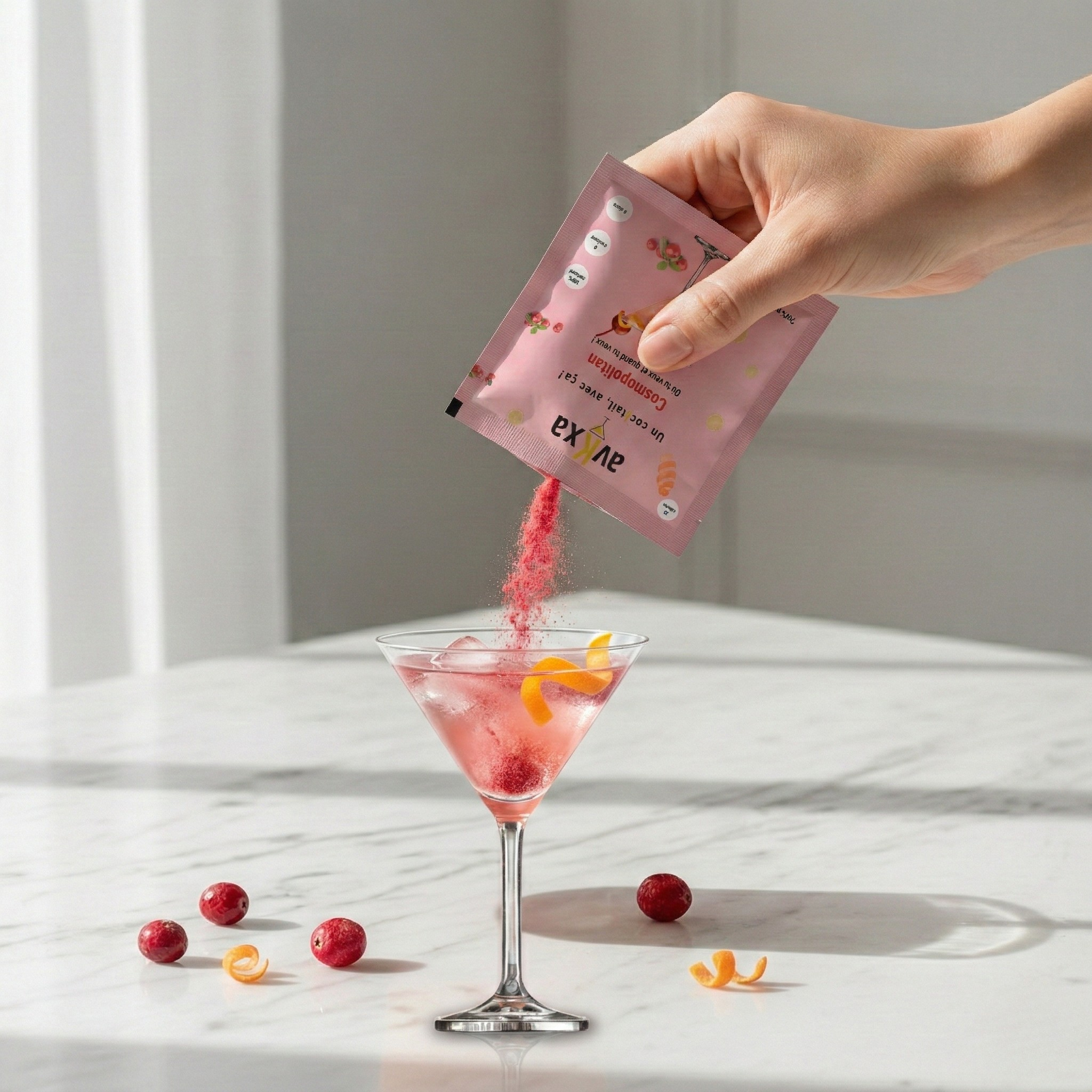 Sachet cocktail Manhattan avKxa — poudre cerise orange naturelle sans sucre, 25 calories, fabriqué en France, versé dans un verre old fashioned avec glaçons et cerise cocktail
