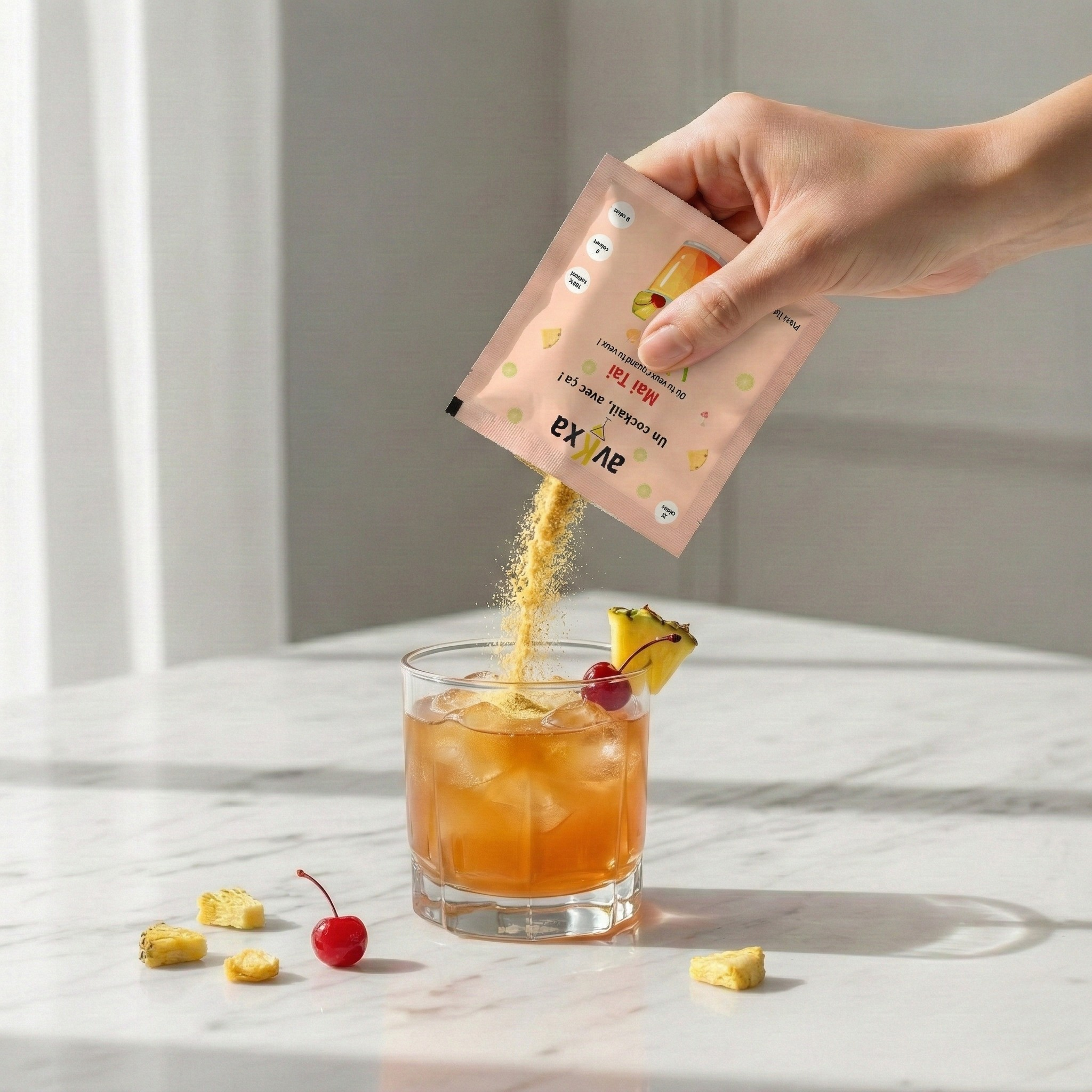 Sachet cocktail Mai Tai avKxa — poudre tropicale ananas cerise naturelle sans sucre, 25 calories, fabriqué en France, versé dans un tumbler avec ananas, cerise et glaçons