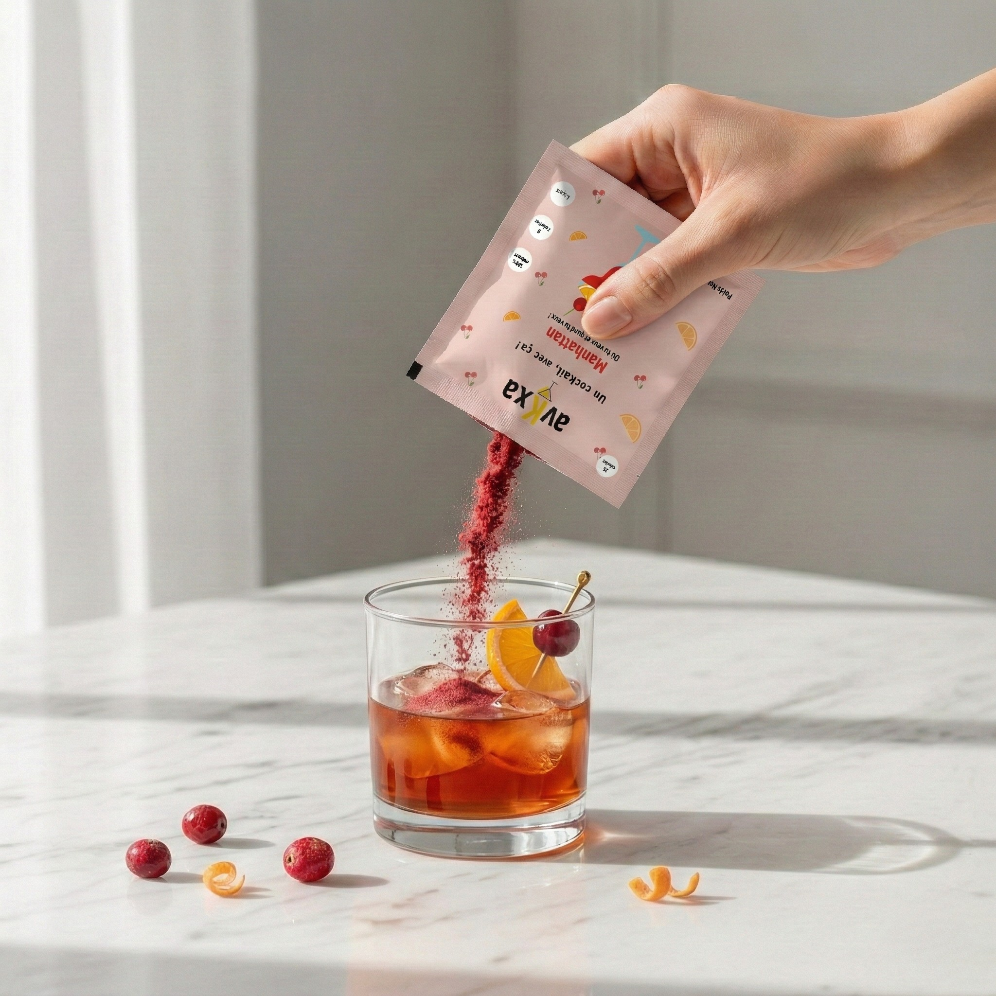 Sachet cocktail Manhattan avKxa — poudre cerise orange naturelle sans sucre, 25 calories, fabriqué en France, versé dans un verre old fashioned avec glaçons et cerise cocktail