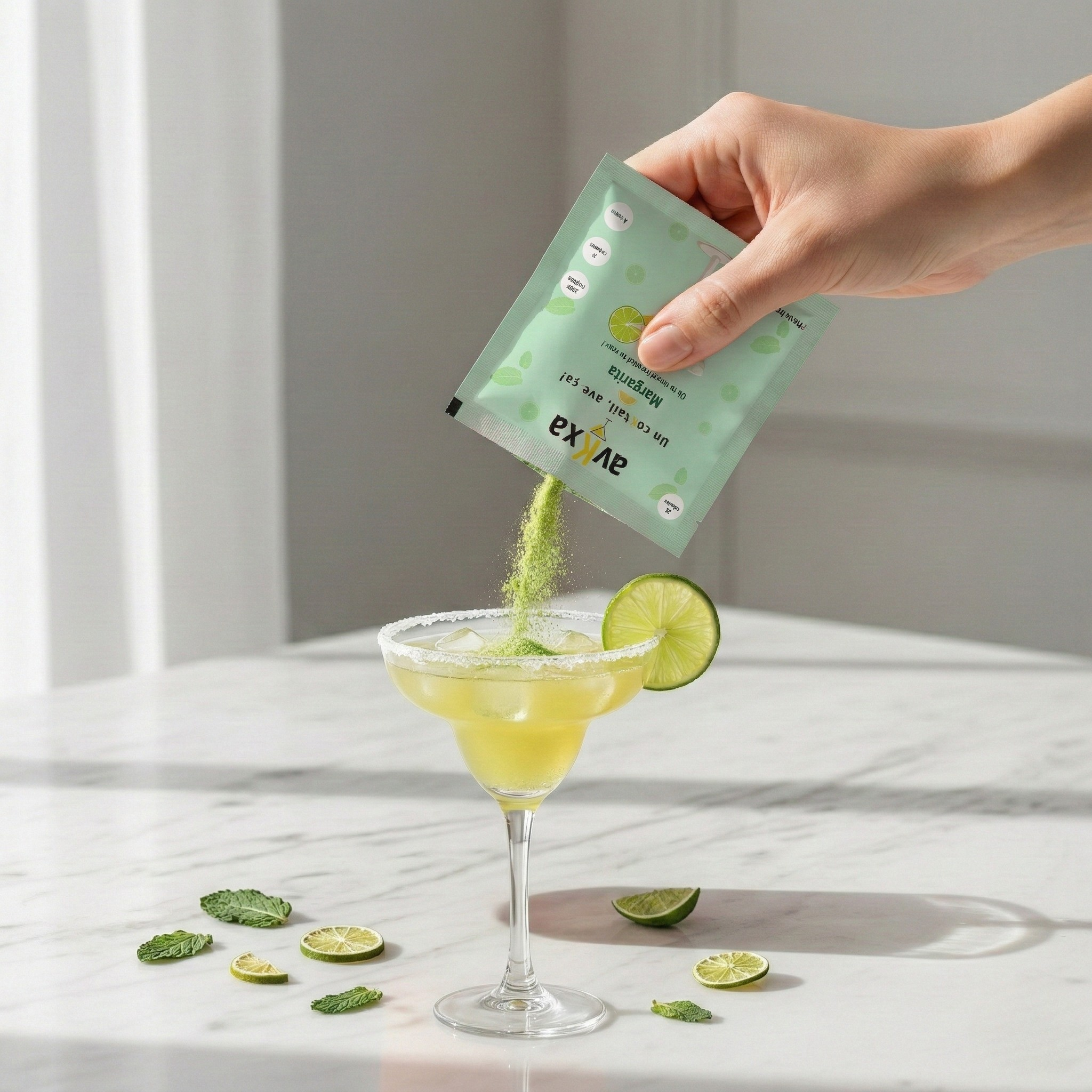 Sachet cocktail Margarita avKxa — poudre 100% naturelle sans sucre, 25 calories, fabriqué en France, versé dans un verre à margarita avec citron vert et glaçons